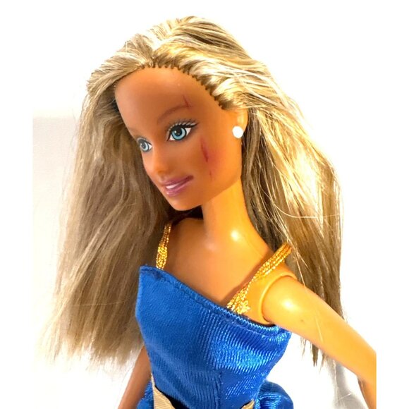 1999 Mattel Barbie Doll With Blonde Hair Blue Satin Dress Gold Belt Face Paint - Picture 5 of 9